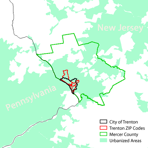 Map depicting a few of the boundaries for Trenton and its Metro Area