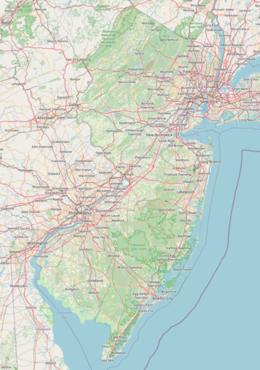 Screenshot of OpenStreetMap.org centered on New Jersey showing the default map style. The imported land use is very visible. 